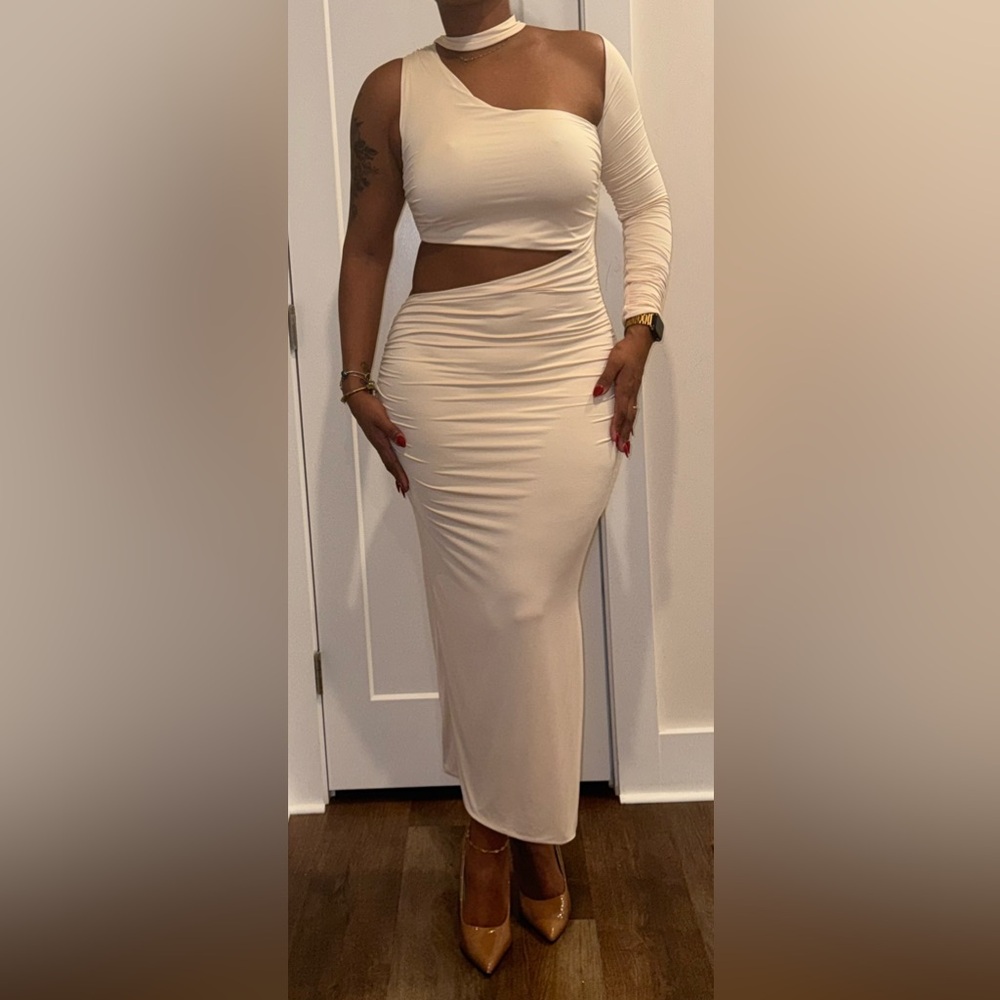 Oh Polly Beige Asymmetrical maxi‎ dress